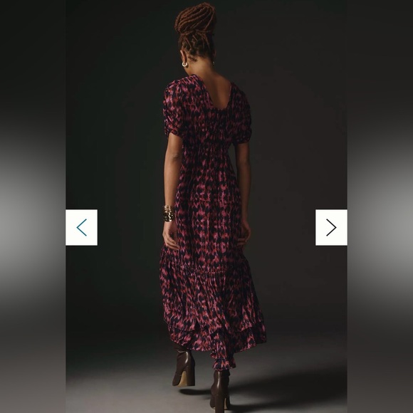By Anthropologie Printed Ruched-Sleeve Maxi Dress Size Small - Picture 2 of 11